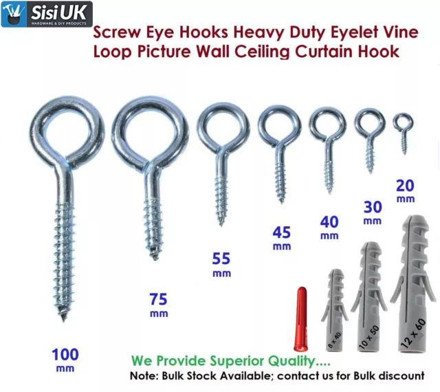 Screw in Eye Hook Metal 20 25 30 35 40 45 55 65 75 100mm Small Large Garage Shed