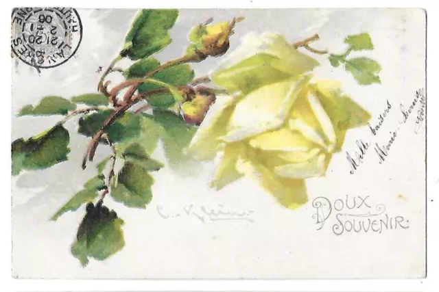 3 Belles CPA carte postale ancienne roses roses et jaunes 1 signée Klein