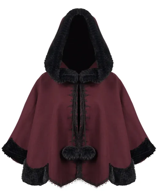 Devil Fashion Womens Gothic Punk Lolita Hooded Cape Cloak Red Black Faux Fur