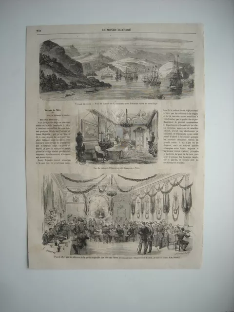 Gravure 1864. Nice. Rade De Villefranche. Salon De L’empereur. Punch Offert Par