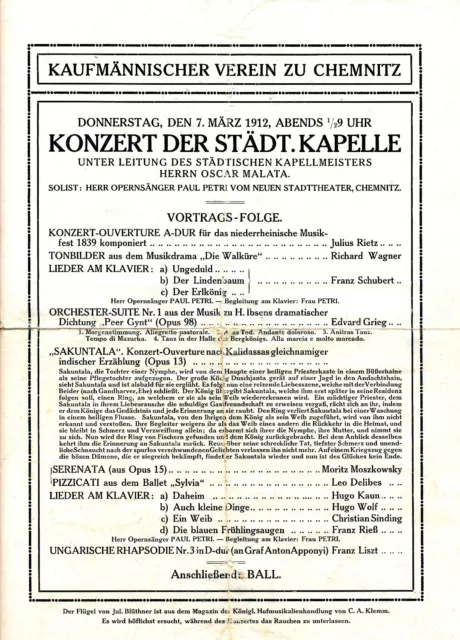 Original Programmblatt Konzert der Städtischen Kapelle Chemnitz 07.03.1912