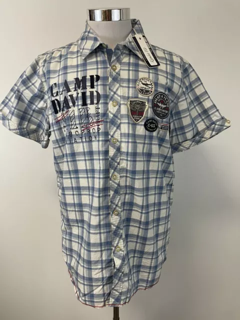 Camp David Shirt Mens XL Button Up Embroidered Blue Patch Work Cotton B1