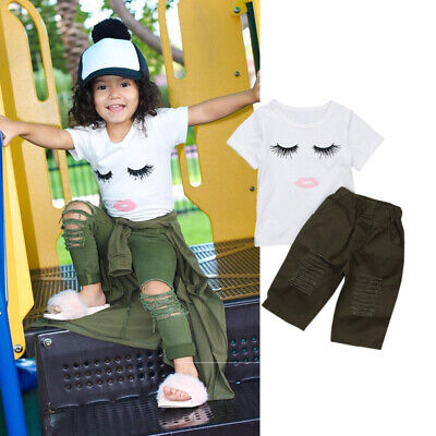 Toddler Kids Baby Girls Clothes Eyelash Print Tops Hole Trousers Pants Outfits