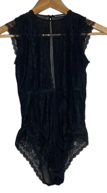 Brandy Melville Lace BodySuit Womens One Size Black Cap Sleeve Mesh Keyhole Snap