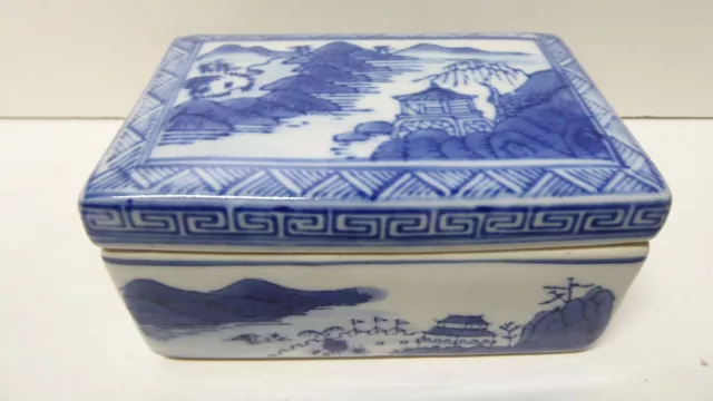 Vintage Japanese Blue White Porcelain China Hand Painted Lidded Dish Signed Base