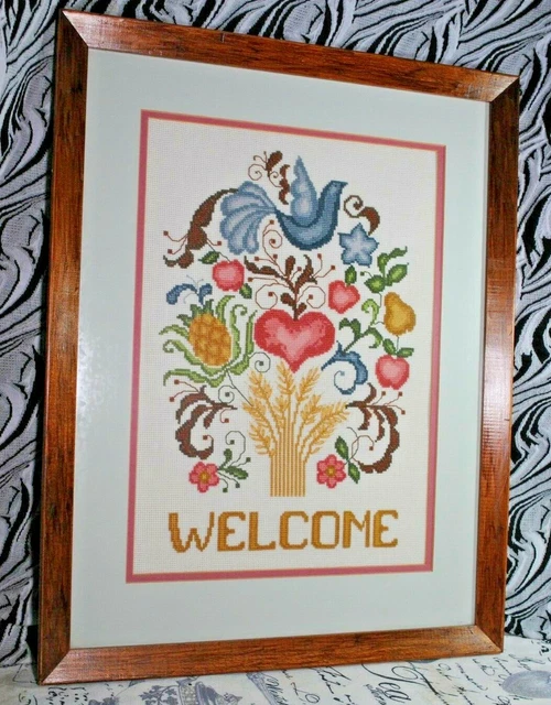 VTG Crosstitch Welcome Framed Sign Fruit Wheat Heart Bird Country Multicolor 21"