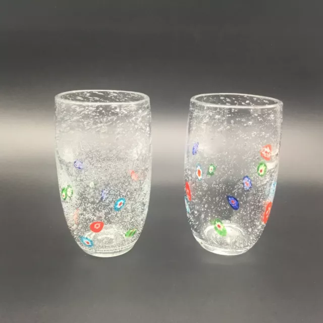 Millefiori Hand Blown Clear Bubble Murano Glass Tumblers Vintage Set Of Two