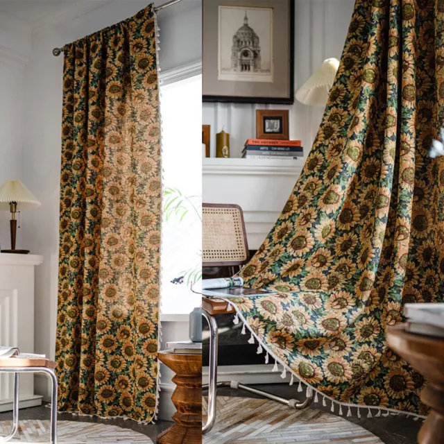 Vintage Curtain Living Room Sunflower Tassel Window Curtain Drape Treatment