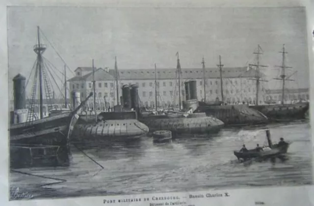 GRAVURE SUR BOIS 19è PORT MILITAIRE CHERBOURG BASSIN