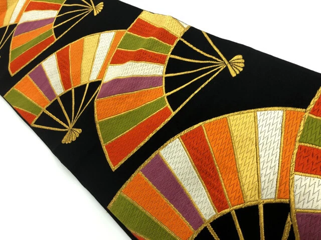 6358719: Japanese Kimono / Antique Fukuro Obi / Woven Folding Fan