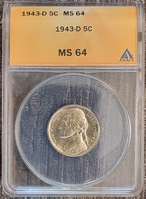 1943-D  Silver Jefferson Nickel  ANACS MS 64  WWII ISSUE 25c Combined Shipping