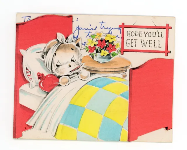 Vintage Embossed 'A Get Well Note' Greeting Card Paper Kitsch Doll Lady  Victoria