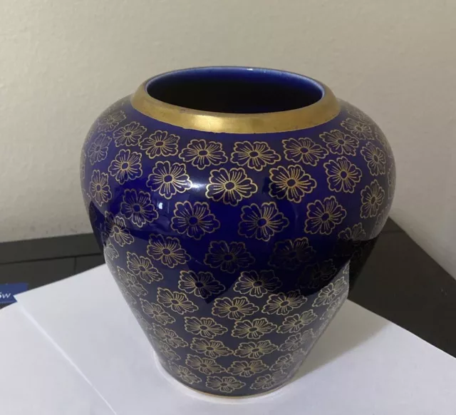 Vintage Asian Cobalt Blue Vase With Hand Painted Gold Flowers