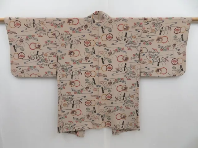 3013T05z520 Vintage Japanese Kimono Silk HAORI Flowers Light brown-gray