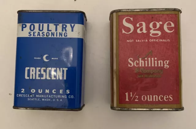 Rare Vintage SAGE Spice Tin Set - A. Schilling & Company 1933 & Crescent Tin