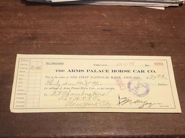 1907 Vintage Railroad Bank Check Arms Palace Horse Car Co Chicago IL to DL&W RR!