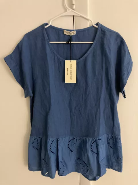 NWT TERZO MILLENNIO Blue Linen Top Made In Italy Embroidered Ruffle Cut Out Hem