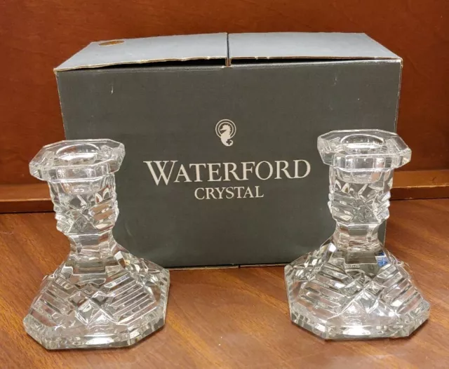 Set of 2 Waterford Crystal Rare Vintage OCTAGONAL Candlesticks with Box