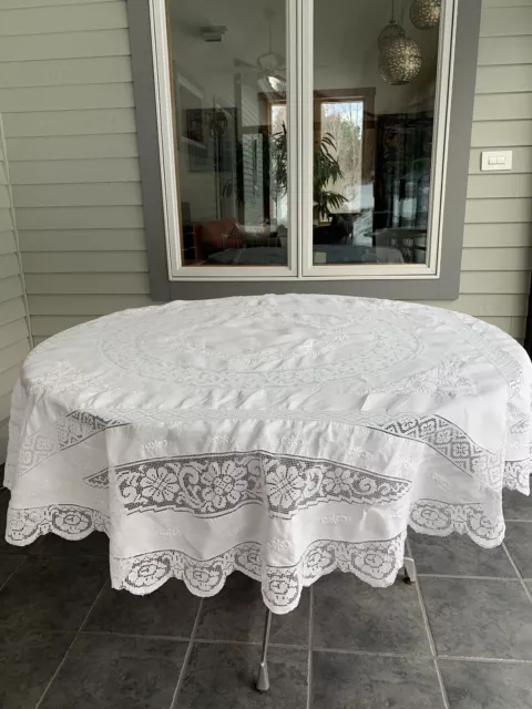 Vintage Round White Lace and Linen Tablecloth 70" in Diameter