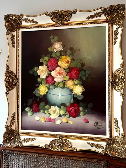 BEAUTIFUL STILL LIFE Oil Painting of Flowers in a Vase , signed Vi Paya ...