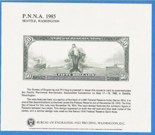 BEP souvenir card B 79 PNNA 1985 back 1914 $50 Federal Reserve Note BEP souvenir card B 79 PNNA 1985 back 1914 $50 Federal Reserve Note