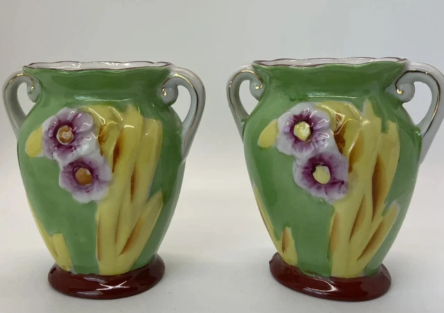 Vintage Two Small Majolica Style Two Handled Green Floral Vases Made In Japan