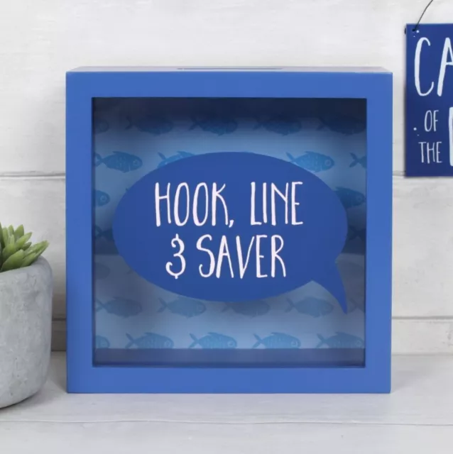 HOOK, LINE AND Saver Blue Fishing Square Wooden Shadow Frame Money