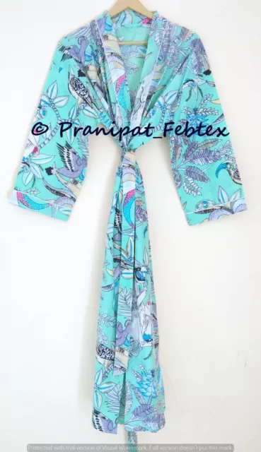 Mono Estampado Verde Menta Hecho a Mano Algodón Kimono Bata Beachcoverup Pijama