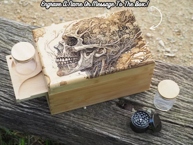 Personalised Engraved Wood Rolling Smoking Stash Box, Tray, Grinder, Skull