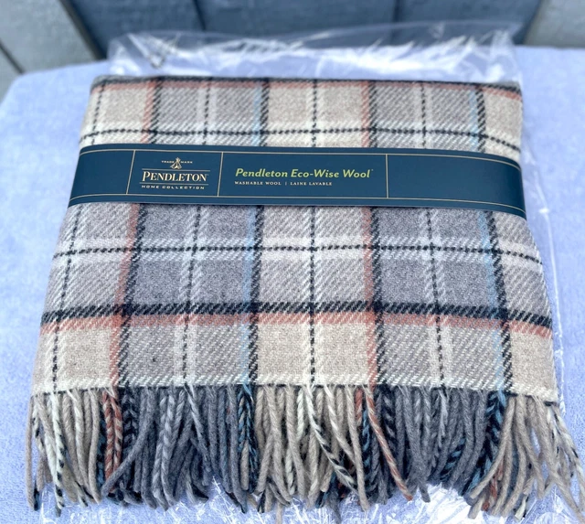 NWT Pendleton Eco-Wise Wool Easy Care Throw, Pearl Plaid With Fringe 54”x60”