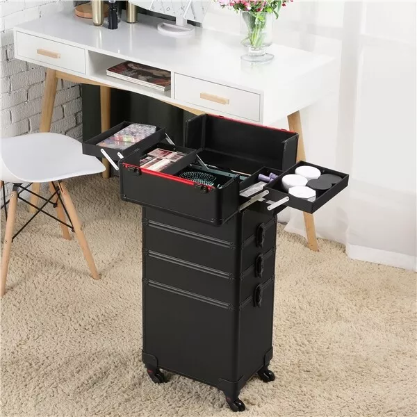 Makeup Trolley Case 4 in 1 Vanity Cosmetology Case Cosmetic Train Case on Wheels