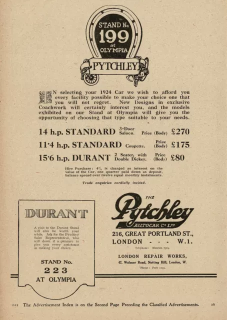 1920s Original Vintage Pytchley Standard & Durant Car Automobile Prices Print Ad