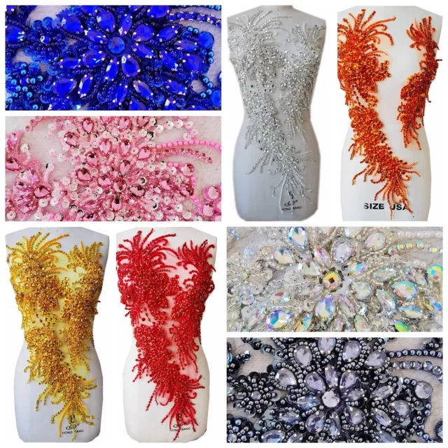 Zbroh Handmade Rhinestones lace Applique handsewing Beads Sequins Trim Patches