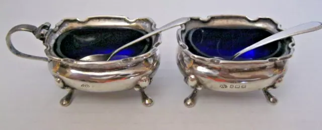 Antique Birks Sterling Silver Salt Cellar Blue Cobalt Glass Footed Set