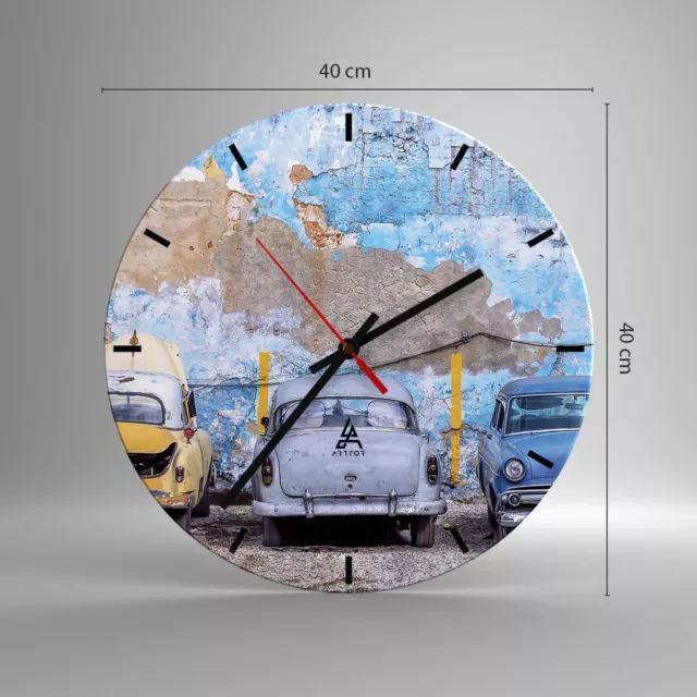 Horloge murale en verre 40x40cm Silencieuse La Havane Ancien Voitures Wall Clock 3