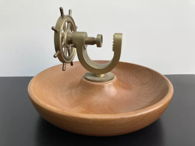 Rare Large Vintage Mounted Brass Ship Wheel Nut Cracker Hand Carved Wooden Bowl