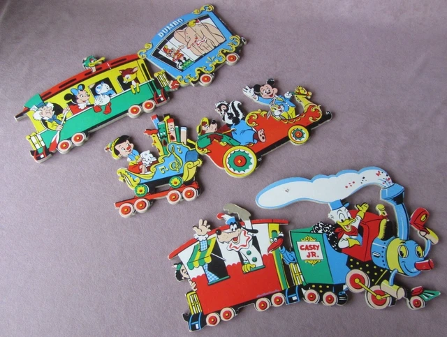 1950s 3 Piece Walt Disney Cardboard Wall Decoration Mickey Donald Goofy TRAIN
