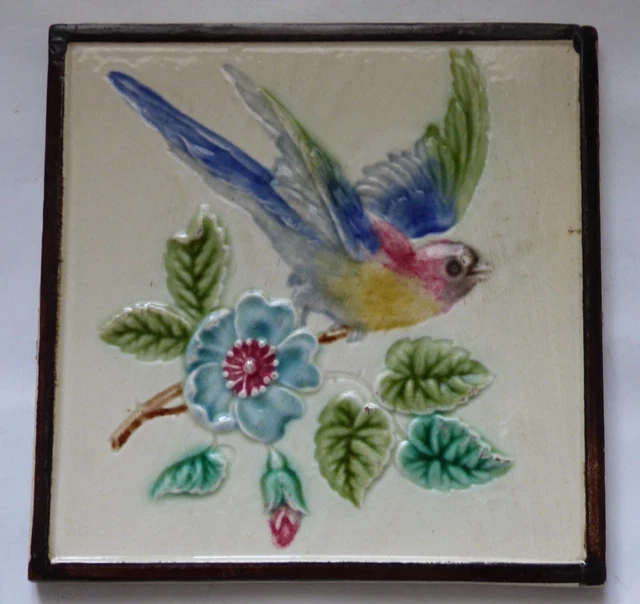 ° Colourful flying Bird with Flowers Art Nouveau white Tile Jugendstil Schmider