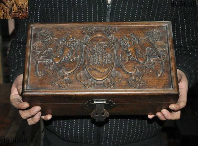 ANCIENT OLD CHINA Boxwood Wood carved wealth animal bat Storage Box ...