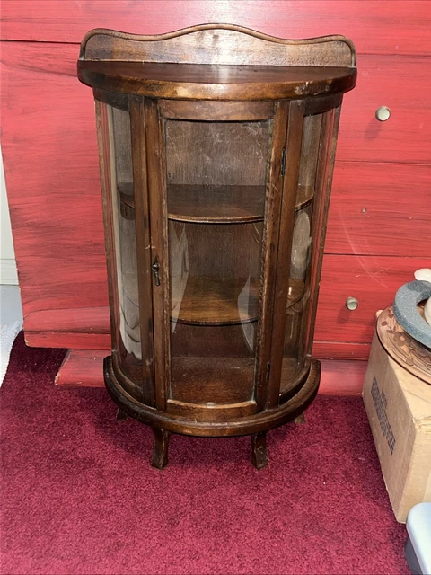 Curio Rounded Top VINTAGE WOOD CURIO Cabinet Curved Glass Door Half Round Hanging Table ...