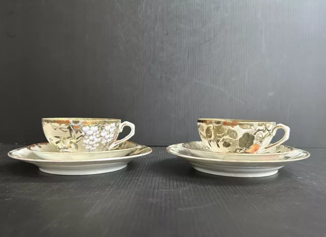 Pair Antique Japanese Kutani Eggshell HP Birds Teacup & Saucer Trios Sets