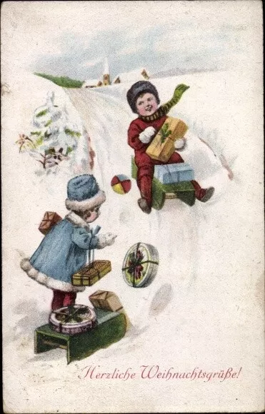 Ak Frohe Weihnachten, Kinder auf Schlitten, Geschenke - 3163488