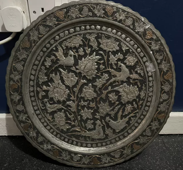 Large 39cm Antique Hand Beaten Metal Charger Plate Depicting Birds & Thistles
