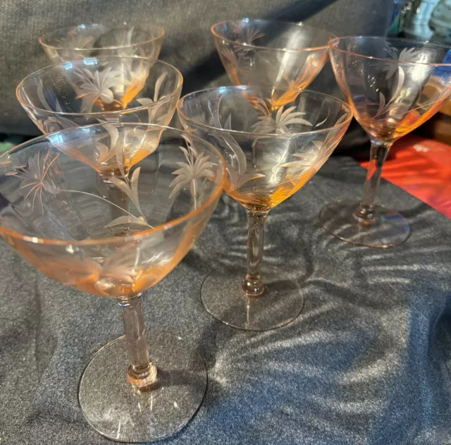 Vtg Pink Depression Glass Etched Champagne Coupe Martini Stemmed Glasses 11 Pcs