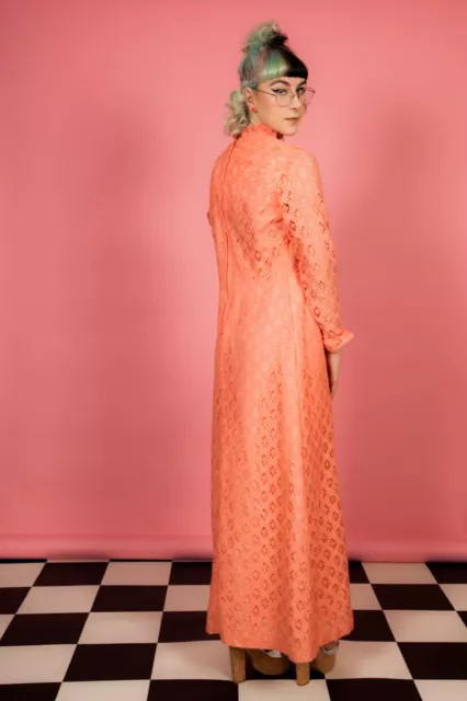 70s vintage coral orange peach laced maxi dress high frilly laced collar & cuffs 2