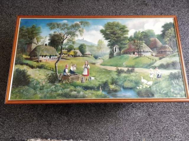 Traditional Romanian village. Original oil on canvas painting. Very large