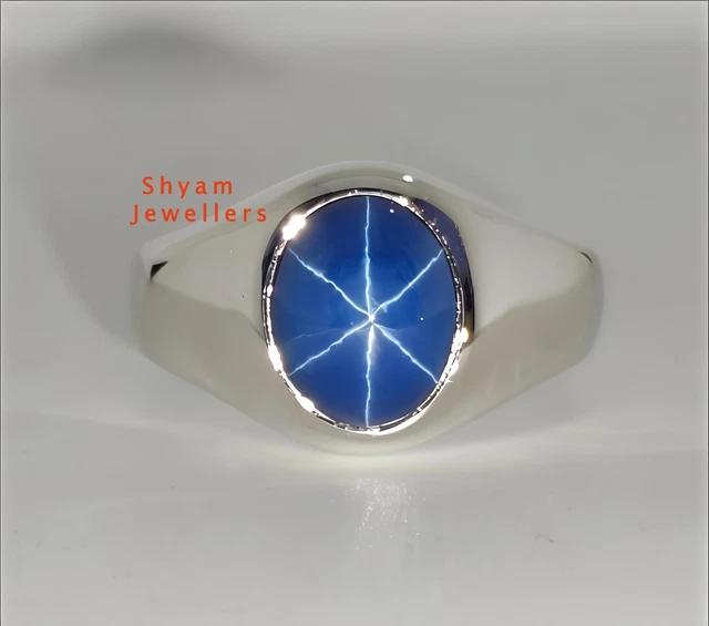 Bague En Argent 925 Avec Saphir étoile Bleu Naturel 7x9 Mm - Style Art Déco, Fait Main