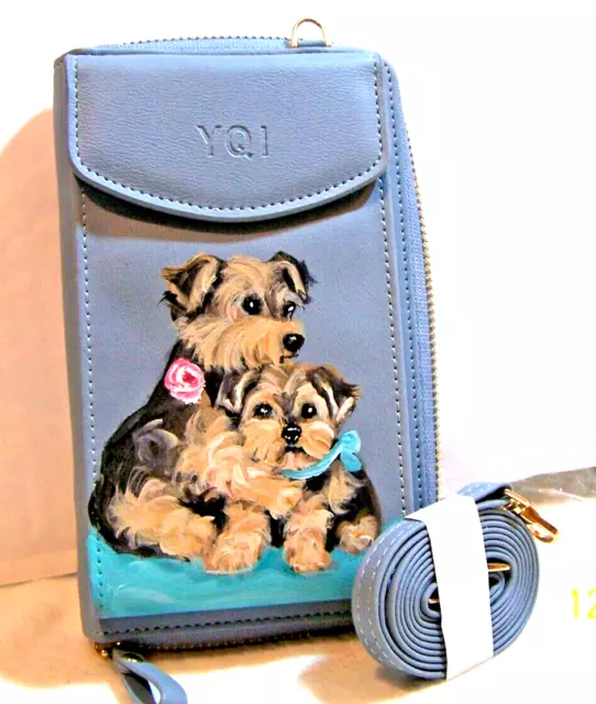 Yorkie hand painted cross body cellphone bag adjustable long  strap