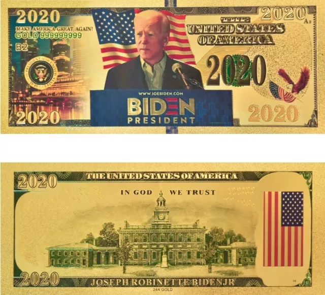 Precioso Billete De Joe Biden Fantasia Plastificado Dorado Sc