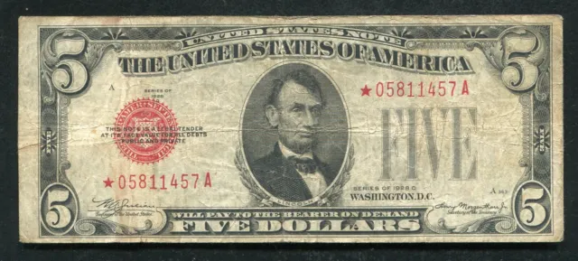 Fr. 1528* 1928-C $5 Five Dollars *Star* Red Seal Legal Tender United States Note